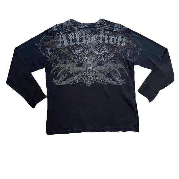 Vintage Affliction Reversible Waffle Knit Distressed Shirt Cross Men XL Y2K 00s - Picture 1 of 16